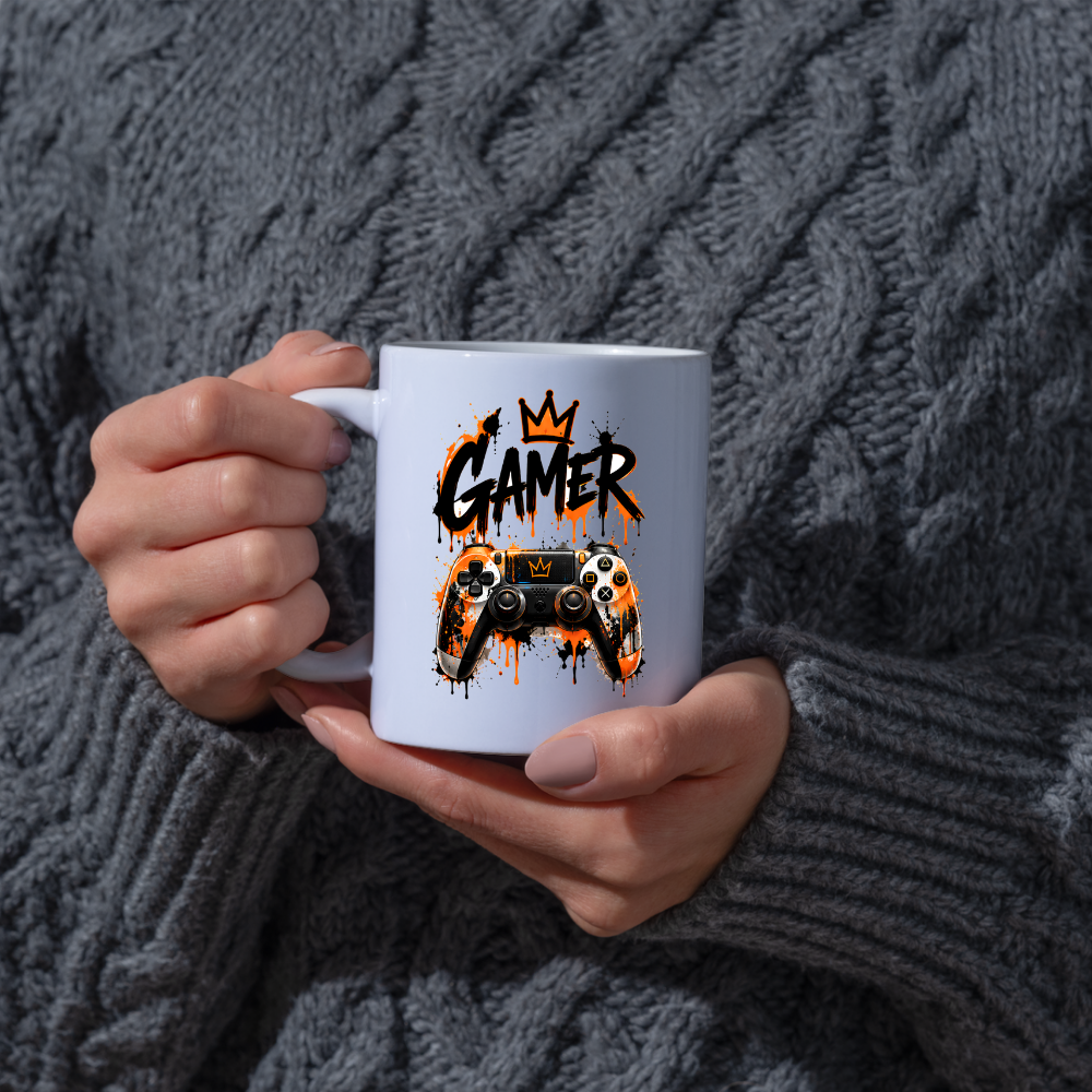 Gaming Mug "Gamer" Gamer 325ml Ceramic Coffee Mug – Gaming Controller Mug with Crown & Orange Paint Splatter Art | Video Game Gift | Fast Dispatch by UK Seller (M3343)