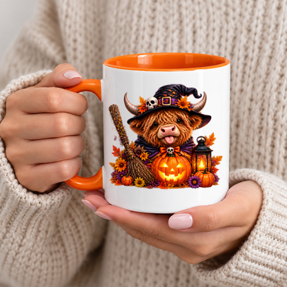 Halloween Mug "Cute Witch Highland Cow" Cute Witch Highland Cow 325ml Ceramic Coffee Mug – Halloween Autumn Tea Cup with Witch Hat, Jack-o Lantern Broom Lantern Autumn Leaves Graphic Gift | Available in Multicolours | Fast Dispatch by UK Seller (M3200)
