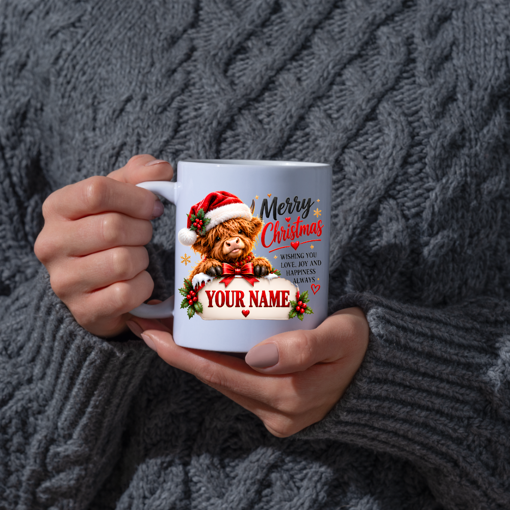 Personalised Christmas Mug "Merry Christmas" 325ml Ceramic Coffee Tea Cup – Santa Hat Highland Cow, Holly Berries, Custom Name & Festive Wish Slogan Novelty Gift for Bestie, Women, Holiday – Fast Dispatch by UK Seller (M3515)