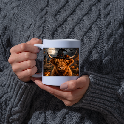 Spooky Mug "Spooky Witch Highland Cow" Witchy Highland Cow 325ml Ceramic Coffee Mug Gothic Halloween Tea Cup with Witch Hat and Full Moon Graphic Gift | Available in Multicolours | Fast Dispatch by UK Seller (M3158)