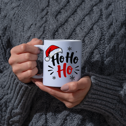 Christmas Santa Hat Mug "Ho Ho Ho" Ho Ho Ho 325ml Ceramic Coffee Mug – Festive Santa Claus Typography Slogan with Red Santa Hat, Snowflakes & Burst Lines | Winter Holiday Gift | Fast Dispatch by UK Seller (M3436)