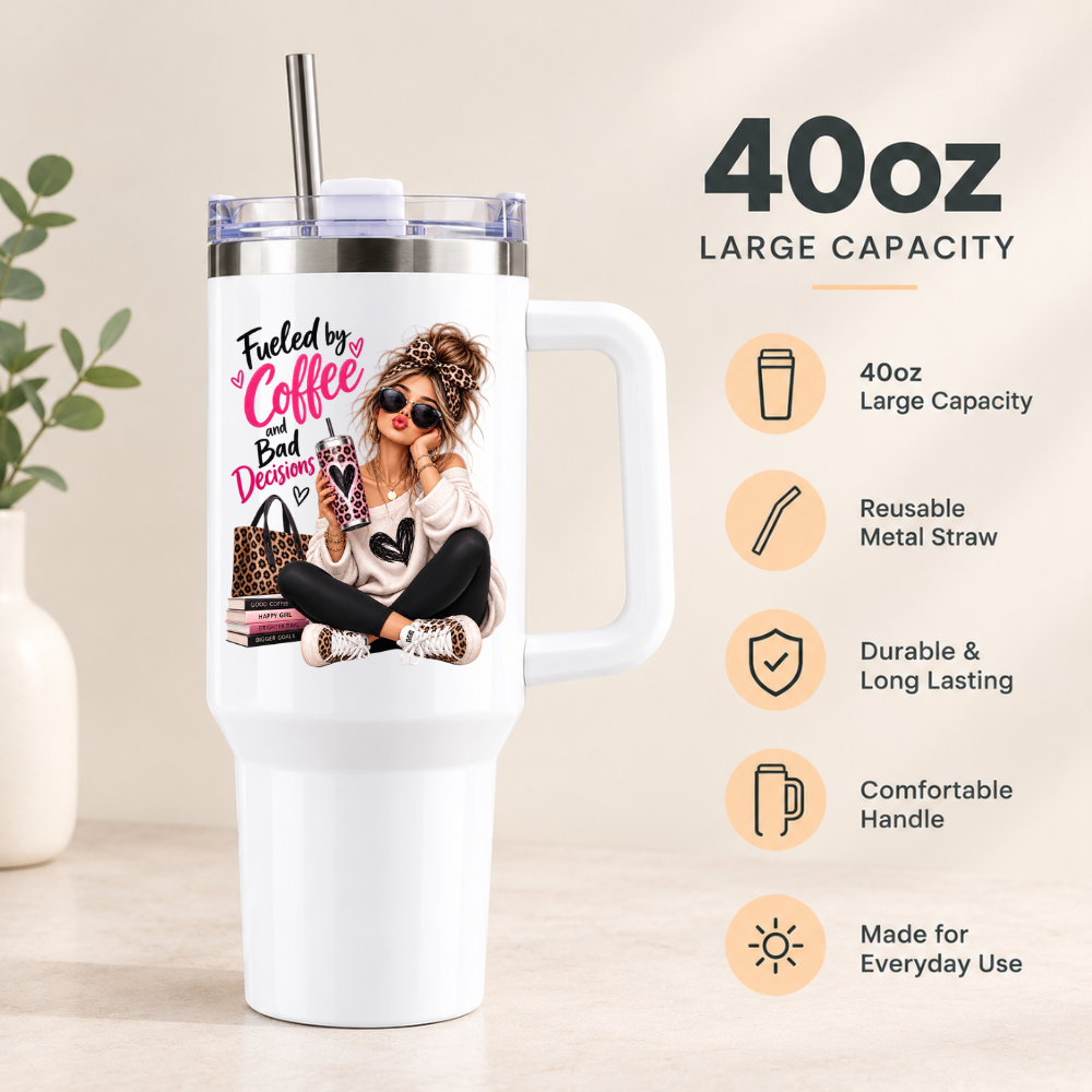 Sassy Leopard Print Travel Tumbler "Fueled By Coffee And Bad Decisions" Graphic 40oz Stainless Steel Insulated Mug with Handle & Straw –Fashion Girl sitting with Sunglasses, Leopard Handbag & Tumbler Novelty Travel Cup | Fast Dispatch by UK Seller (T3016)