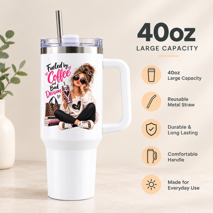 Sassy Leopard Print Travel Tumbler "Fueled By Coffee And Bad Decisions" Graphic 40oz Stainless Steel Insulated Mug with Handle & Straw –Fashion Girl sitting with Sunglasses, Leopard Handbag & Tumbler Novelty Travel Cup | Fast Dispatch by UK Seller (T3016)