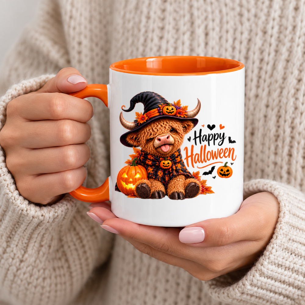Halloween Mug "Highland Cow Witch Happy Halloween" Highland Cow Witch Happy Halloween 325ml Ceramic Coffee Mug–Cute Halloween Autumn Tea Cup Witch Hat Scarf Glowing Jack O Lanterns Fall Leaves Bats Graphic Gift | Fast Dispatch by UK Seller (M3216)
