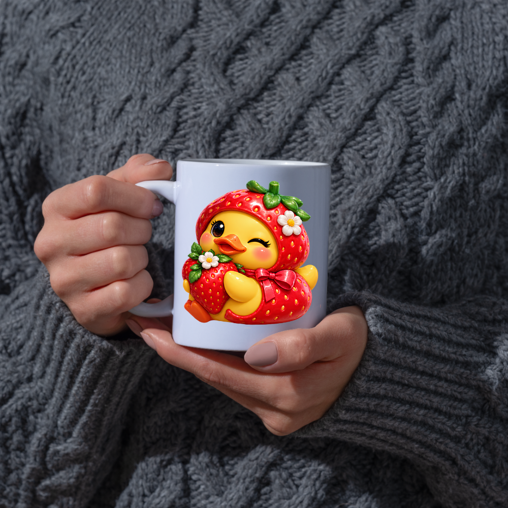 Cute Duck Mug "Winking Strawberry Duckling" Cute Winking Duckling in Strawberry Costume 325ml Ceramic Coffee Mug – Adorable Yellow Duck Hugging Fresh Strawberry Sweet Gift | Available in Multicolours | Fast Dispatch by UK Seller (M3289)