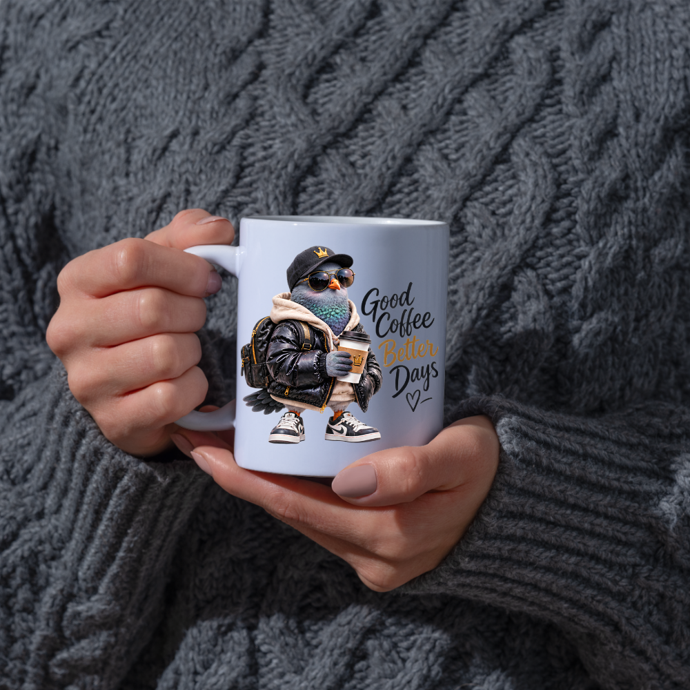 Coffee Mug "Good Coffee Better Days Cool Pigeon" 325ml Ceramic Coffee Mug – Cool Pigeon in Cap, Sunglasses, Puffer Jacket Sneakers Funny Streetwear Bird Mug Gift For Coffee Lovers Friends | Available in Multicolours | Fast Dispatch by UK Seller (M3234)