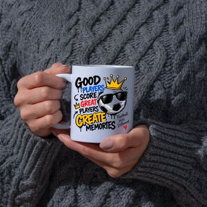 Football Mug "GOOD PLAYERS SCORE GREAT PLAYERS CREATE MEMORY" Cool Football 325ml Ceramic Coffee Mug – Sporty Football Tea Cup with Crown, Sunglasses & "Football Hits Different" Graphic Gift | Available in Multicolours | Fast Dispatch by UK Seller (M3092)