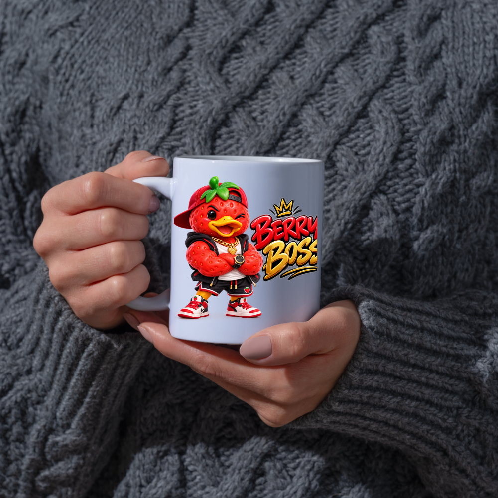 Boss Mug "Berry Boss Cool Strawberry Duck" 325ml Ceramic Coffee Mug – Cool Winking Strawberry Duck in Cap, Hoodie, Gold Chain, Watch Sneakers Streetwear Gift For Bosses Friends Coffee Lovers | Available in Multicolours | Fast Dispatch by UK Seller (M3258)