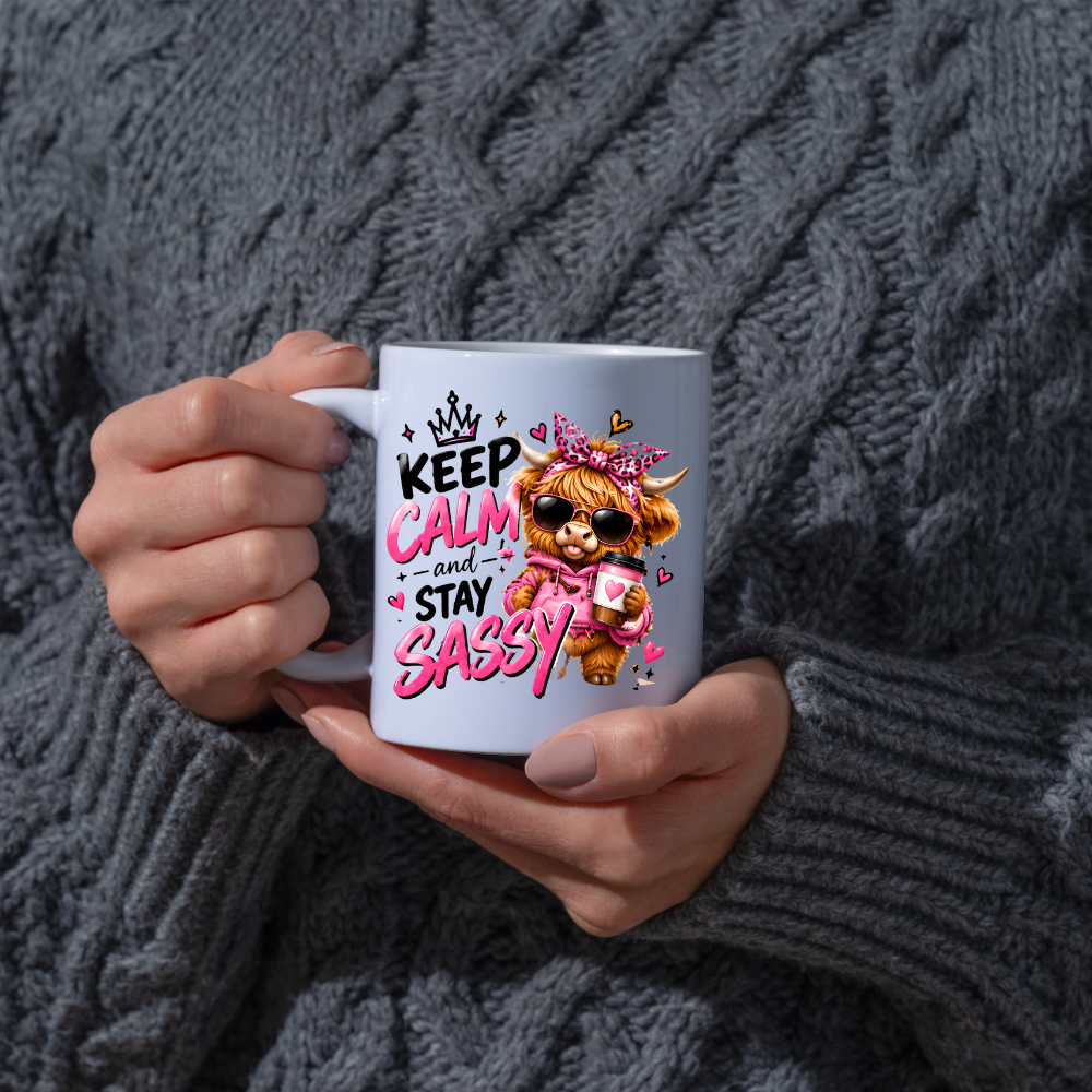 Highland Cow Mug "Keep Calm And Stay Sassy" 325ml Ceramic Coffee Tea Cup – Pink Leopard Bow, Hoodie, Coffee & Slogan Novelty Gift for Bestie, Women, Birthday – Fast Dispatch by UK Seller (M3503)