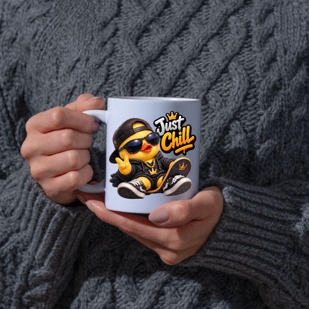 Skateboard Mug "Just Chill Cool Duck" Just Chill 325ml Ceramic Coffee Mug – Cool Skater Duck in Black Hoodie, Cap, Sunglasses & Gold Crown Chain With Skateboard Fun Gift For Skaters Friends | Available in Multicolours | Fast Dispatch by UK Seller (M3252)