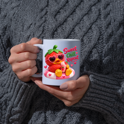 Summer Mug "Sweet Chill Repeat Strawberry Duck" 325ml Ceramic Coffee Mug – Cute Strawberry Duck in Heart Sunglasses on Pool Float With Milkshake Summer Gift For Friends Family | Available in Multicolours | Fast Dispatch by UK Seller (M3246)