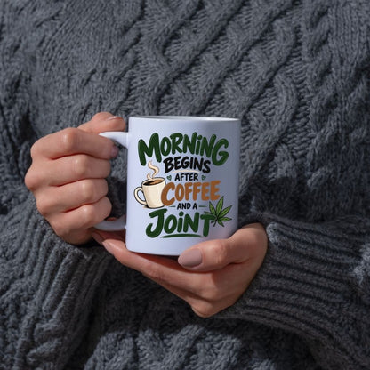 Funny Mug "Morning Begins After Coffee And A Joint" Cannabis Leaf Coffee Cup 350ml, Ceramic Novelty Stoner Humour Gift for Him Her, Funny Adult Joke Mug, Birthday Christmas Secret Santa Stocking Filler | Fast Dispatch by UK Seller (M1100)