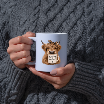Sarcastic Mug "Not Today Moo-Dafaka" Highland Cow 325ml Ceramic Coffee Mug Funny Cow Tea Cup with Leopard Print Bow & Mini Mug Graphic Gift | Available in Multicolours | Fast Dispatch by UK Seller (M3006)