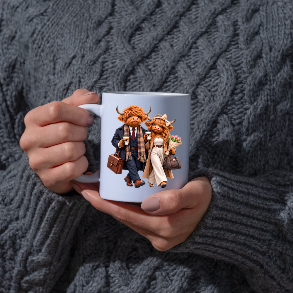 Highland Cow Mug "Dressed To Impress Highland Cow Couple" 325ml Ceramic Coffee Mug – Stylish Highland Cow Couple in Suits Trench Coats Carrying Coffee Romantic Gift For Couples Anniversaries | Available in Multicolours | Fast Dispatch by UK Seller (M3259)
