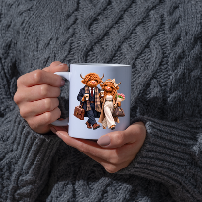 Highland Cow Mug "Dressed To Impress Highland Cow Couple" 325ml Ceramic Coffee Mug – Stylish Highland Cow Couple in Suits Trench Coats Carrying Coffee Romantic Gift For Couples Anniversaries | Available in Multicolours | Fast Dispatch by UK Seller (M3259)