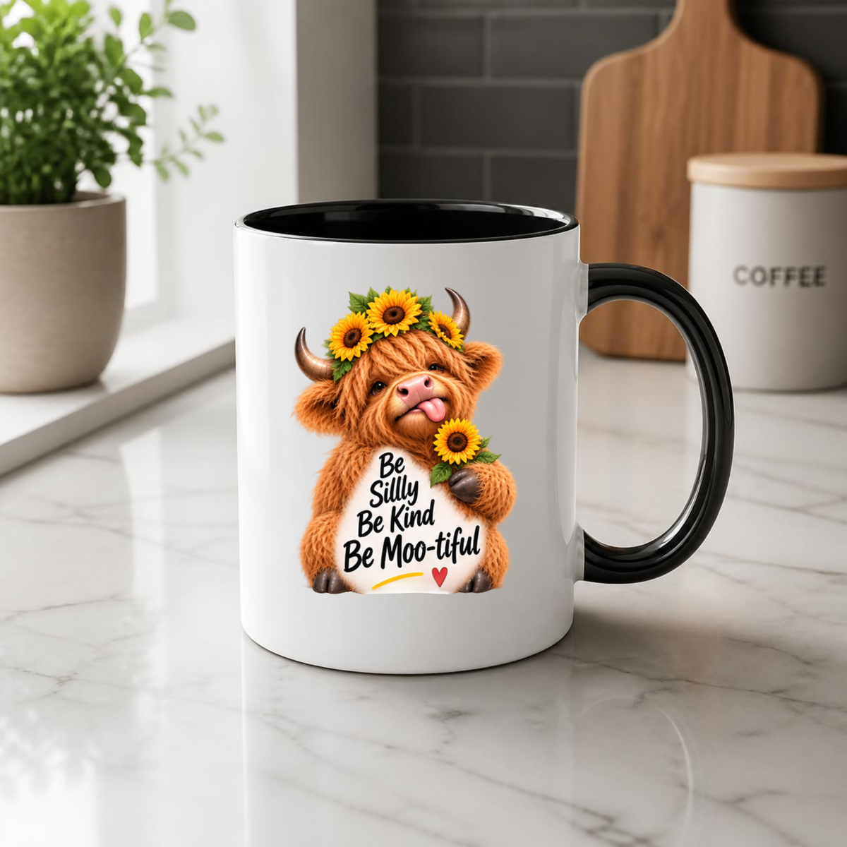 Uplifting Mug "Be Silly Be Kind Be Moo-tiful" Highland Cow Ceramic Coffee Mug - Cute Sunflower Farm Animal Tea Cup with Floral Crown Gift | Available in Multicolours | Fast Dispatch by UK Seller (M1224)