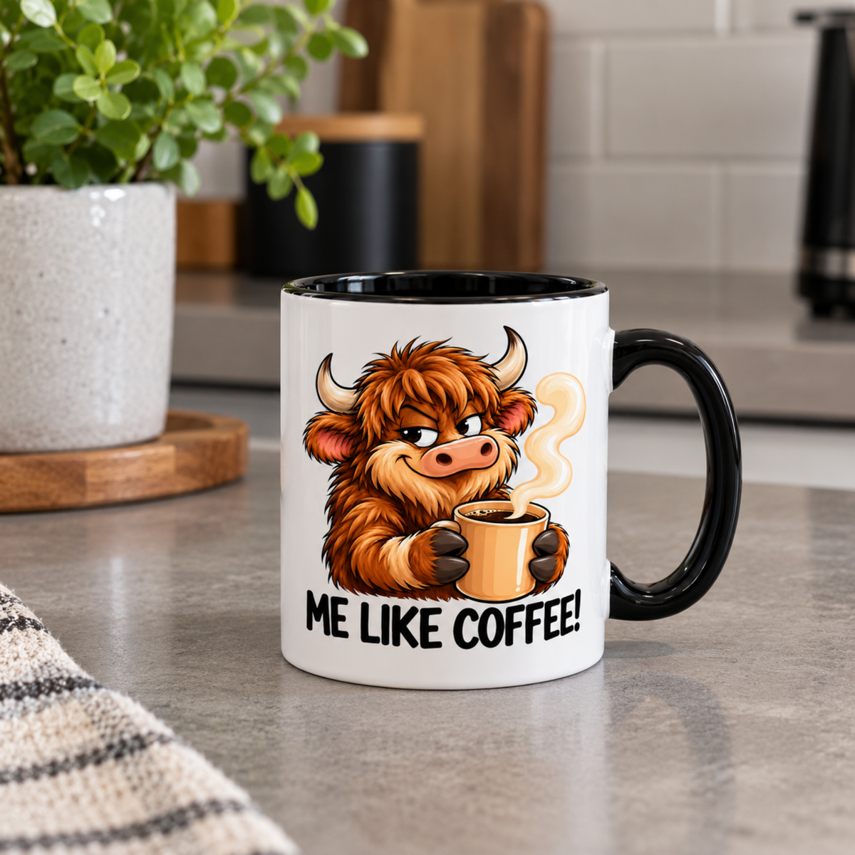 Funny Highland Cow Coffee Mug "ME LIKE COFFEE!" –  Cute Cheeky Cow Cartoon 350ml Ceramic Cup with Black Handle, 11oz, Funny Coffee Quote Mug for Coffee Lovers, Unique Novelty Gift for Him Her, Home Office Coffee Breaks | Fast Dispatch by UK Seller (M1106)