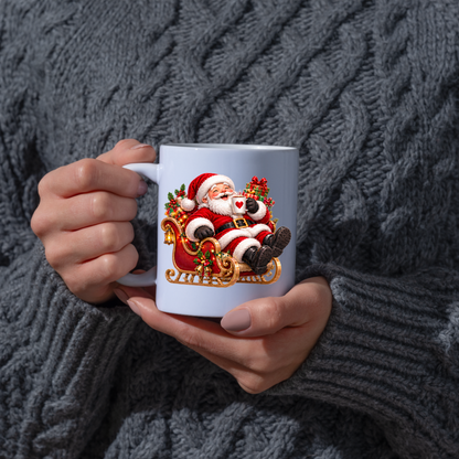 Christmas Mug "Relaxing Santa Sleigh Coffee Heart" Relaxing Santa Sleigh 325ml Ceramic Coffee Mug – Festive Christmas Tea Cup with Jolly Santa Claus In Sleigh Heart Mug Graphic Gift | Available in Multicolours | Fast Dispatch by UK Seller (M3182)