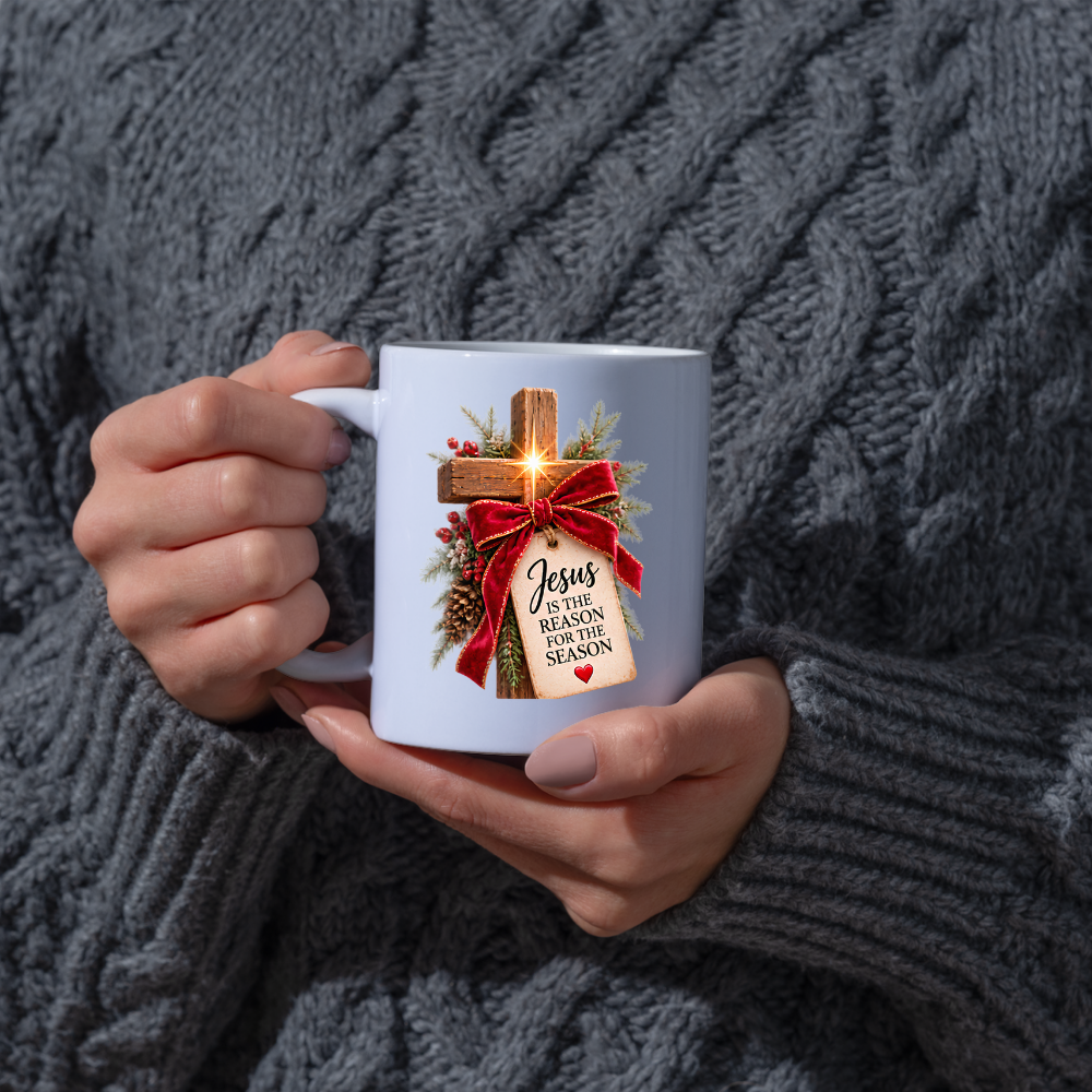 Christmas Mug "Jesus Is The Reason For The Season Wooden Cross" 325ml Ceramic Coffee Mug – Rustic Wooden Cross With Velvet Bow Pine Red Berries Christian Holiday Gift | Available in Multicolours | Fast Dispatch by UK Seller (M3297)