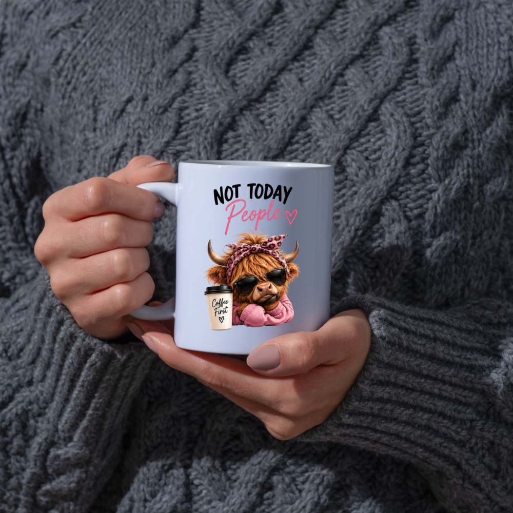 Sassy Highland Cow Mug "Not Today People, Coffee First" Graphic 325ml Ceramic Coffee Cup – Highland Cow in Sunglasses, Pink Hoodie & Leopard Bandana Novelty Tea Cup | Sarcastic Gift for Her | Available in Multicolours | Fast Dispatch by UK Seller (M3134)