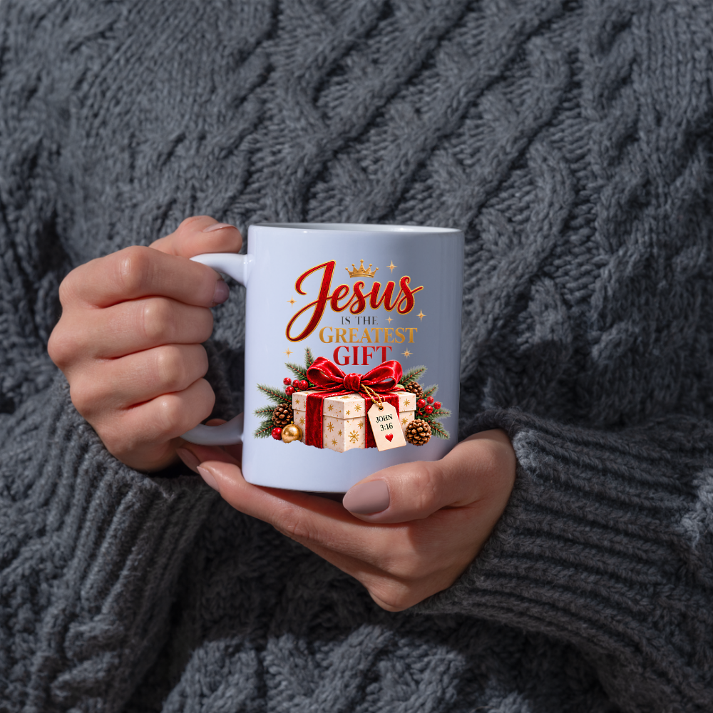 Christmas Mug "Jesus Is The Greatest Gift John 3:16" Jesus Is The Greatest Gift 325ml Ceramic Coffee Mug – Festive Christian Typography Mug With Gift Box Crown Holiday Gift | Available in Multicolours | Fast Dispatch by UK Seller (M3317)