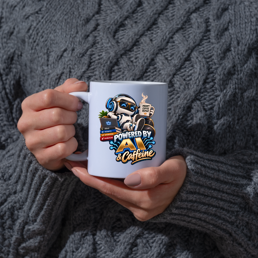Tech Mug "Powered By AI & Caffeine" Powered By AI & Caffeine 325ml Ceramic Coffee Mug – Funny Robot Programmer Mug with Prompt Coffee Repeat & Tech Books | Gift for Techies | Fast Dispatch by UK Seller (M3323)