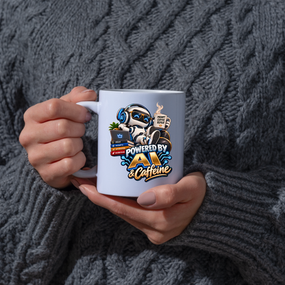 Tech Mug "Powered By AI & Caffeine" Powered By AI & Caffeine 325ml Ceramic Coffee Mug – Funny Robot Programmer Mug with Prompt Coffee Repeat & Tech Books | Gift for Techies | Fast Dispatch by UK Seller (M3323)