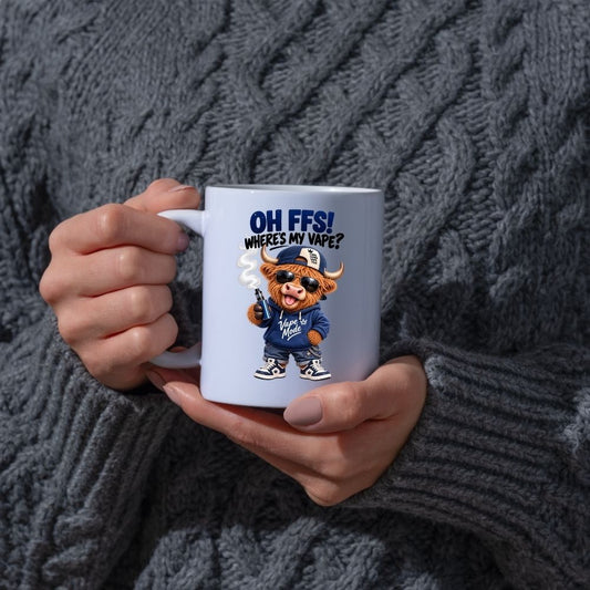 Funny Highland Cow Mug "Oh FFS! Where's My V?" Sarcastic Meme Animal 350ml Ceramic Coffee & Tea Cup “ Novelty Cool Scottish Cattle Gift | Available in Multicolours | Fast Dispatch by UK Seller (M1320)