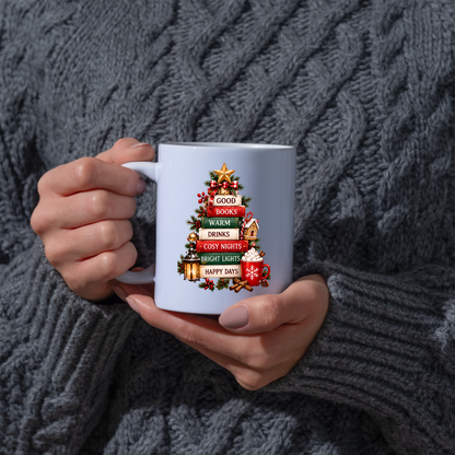 Book Tree Christmas Mug "Good Books Warm Drinks Cosy Nights" Good Books Warm Drinks Cosy Nights 325ml Ceramic Coffee Mug – Festive Christmas Book Stack Tree with Golden Star & Holiday Elements | Winter Gift | Fast Dispatch by UK Seller (M3428)