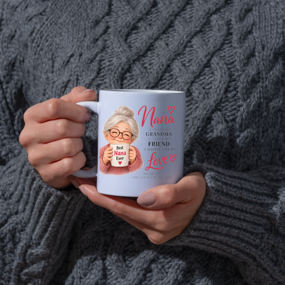 Family Mug "Nana A LITTLE BIT GRANDMA A LITTLE BIT FRIEND A WHOLE LOT OF Love" Sweet Grandma 325ml Ceramic Coffee Mug – Heartwarming Nana Tea Cup with Smiling Grandma & Mini Mug Graphic Gift | Available in Multicolours | Fast Dispatch by UK Seller (M3012)