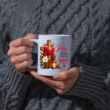 Religious Christmas Mug "Jesus Is The Reason For The Season" Jesus Is The Reason For The Season 325ml Ceramic Coffee Mug – Christian Christmas Cross Mug with Luke 2:11, Lantern & Poinsettia | Religious Holiday Gift | Fast Dispatch by UK Seller (M3337)