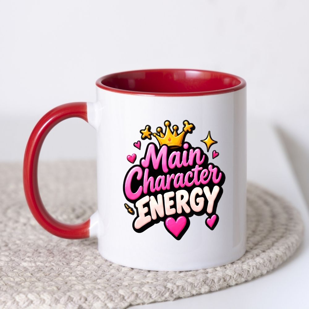 Sassy Mug "Main Character Energy" 325ml Ceramic Coffee Mug Cute Bold Typography Tea Cup with Gold Crown, Sparkles & Pink Hearts Gift | Available in Multicolours | Fast Dispatch by UK Seller (M1299)