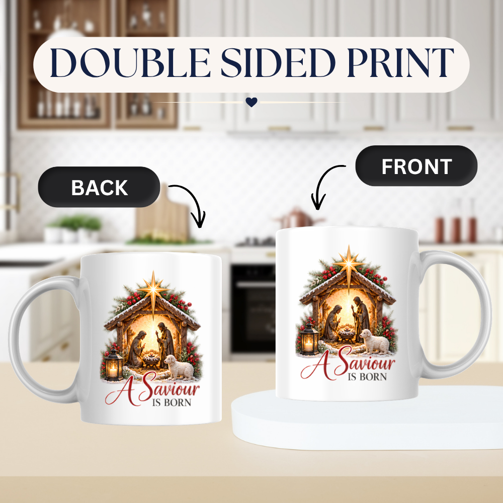 Christmas Mug "A Saviour Is Born Nativity Scene" 325ml Ceramic Coffee Mug – Christian Christmas Nativity Scene Mug with Bethlehem Star Baby Jesus Lamb Religious Holiday Gift | Available in Multicolours | Fast Dispatch by UK Seller (M3300)