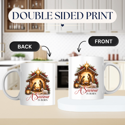 Christmas Mug "A Saviour Is Born Nativity Scene" 325ml Ceramic Coffee Mug – Christian Christmas Nativity Scene Mug with Bethlehem Star Baby Jesus Lamb Religious Holiday Gift | Available in Multicolours | Fast Dispatch by UK Seller (M3300)