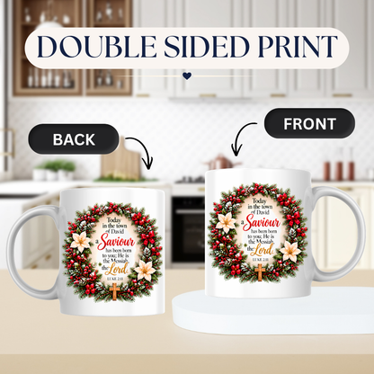 Religious Christmas Mug "Today In The Town Of David A Saviour Has Been Born To You" 325ml Ceramic Coffee Mug – Christian Christmas Scripture Mug with Luke 2:11, Wreath & Poinsettia | Religious Holiday Gift | Fast Dispatch by UK Seller (M3340)
