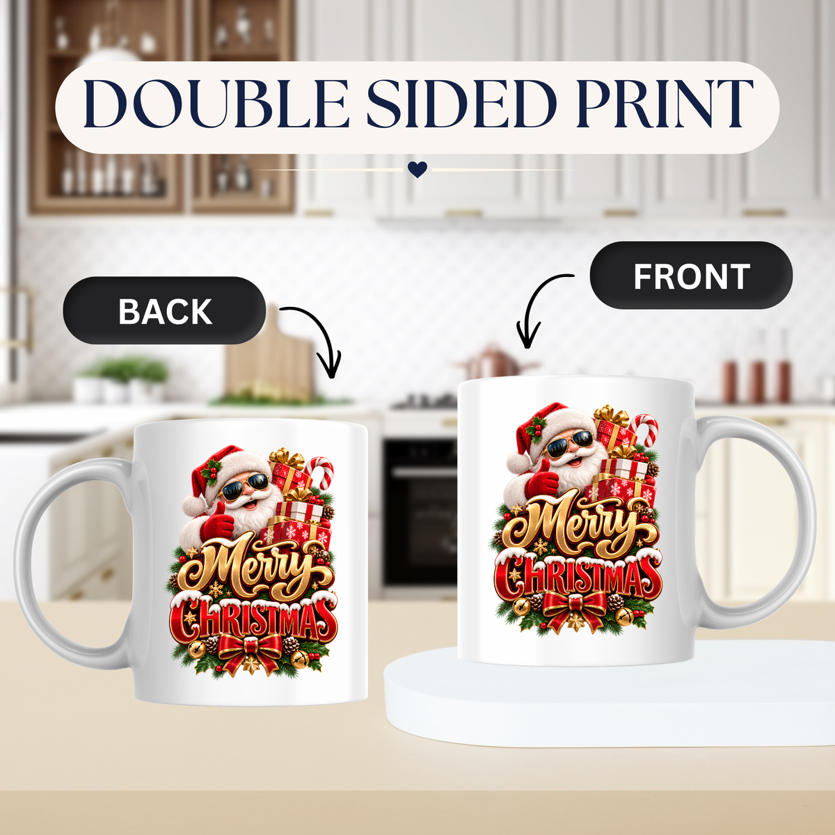 Christmas Mug "Merry Christmas" Cool Santa with Sunglasses & Gifts Merry Christmas 325ml Ceramic Coffee Mug – Cool Santa in Sunglasses Giving Thumbs Up with Gift Boxes & Candy Cane | Festive Holiday Gift | Fast Dispatch by UK Seller (M3362)