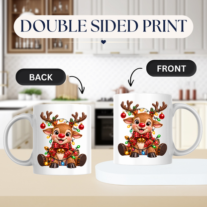 Christmas Mug "Baby Reindeer Christmas Lights Bow" Baby Reindeer 325ml Ceramic Coffee Mug – Festive Christmas Tea Cup with Red Nose, Fairy Lights Plaid Bow Baubles Graphic Gift | Available in Multicolours | Fast Dispatch by UK Seller (M3185)