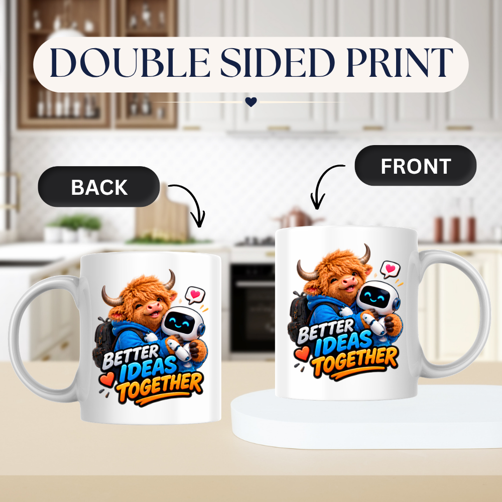 Tech Mug "Better Ideas Together Highland Cow" 325ml Ceramic Coffee Mug – Cute Highland Cow Hugging AI Robot Companion Modern Tech Gift For Coworkers Developers AI Enthusiasts | Available in Multicolours | Fast Dispatch by UK Seller (M3231)