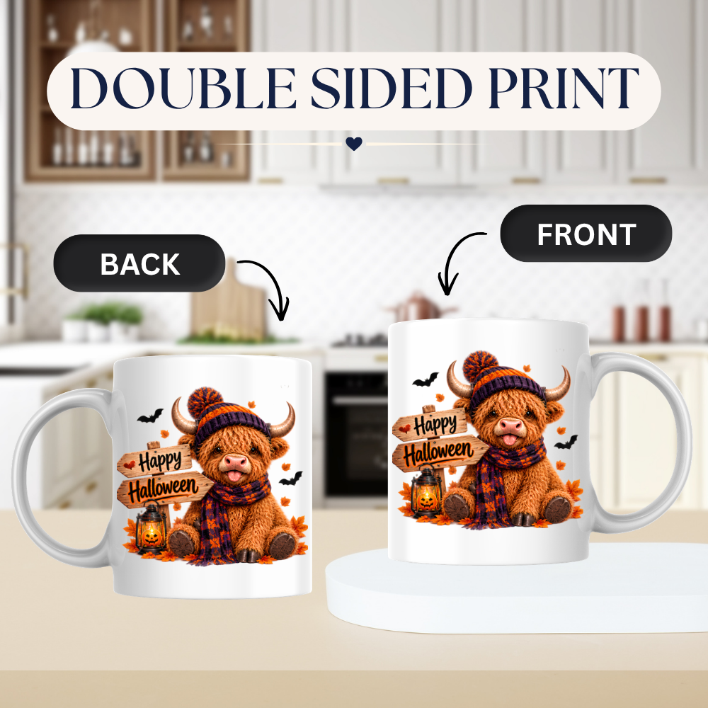 Halloween Mug "Cozy Beanie Happy Halloween" Cozy Halloween Highland Cow 325ml Ceramic Coffee Mug – Autumn Beanie Tea Cup with Wooden Sign Lantern Graphic Gift | Available in Multicolours | Fast Dispatch by UK Seller (M3167)