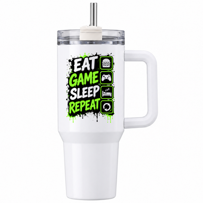 Funny Gaming Travel Tumbler "Eat Game Sleep Repeat" Graphic 40oz Stainless Steel Insulated Travel Mug with Handle & Straw – Green & Black Paint Splatter, Activity Icons Novelty Gift for Gamers | Fast Dispatch by UK Seller (T3066)
