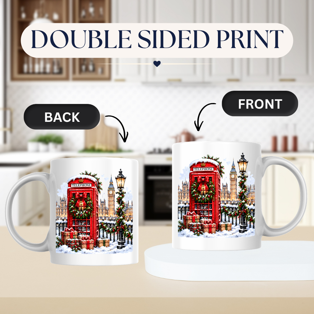London Christmas Telephone Box Mug "Winter in London" Christmas in London Telephone Box 325ml Ceramic Coffee Mug –Big Ben & Houses of Parliament Scene with Festive Wreath, Lamp Post & Gift Boxes | Holiday Souvenir Gift | Fast Dispatch by UK Seller (M3439)