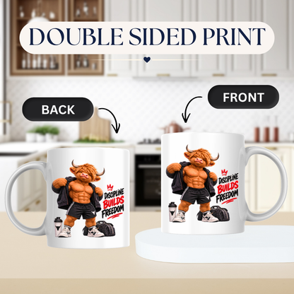 Gym Mug "Discipline Builds Freedom Muscular Highland Cow" Discipline Builds Freedom 325ml Ceramic Coffee Mug – Muscular Highland Cow Showing Six Pack Abs Open Zip Jacket Gym Fitness Gift | Available in Multicolours | Fast Dispatch by UK Seller (M3274)