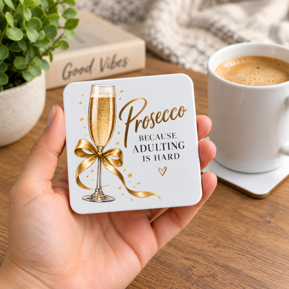 Glamorous Prosecco Hardboard Coaster "Prosecco Because Adulting is Hard" Graphic 9cm x 9cm Square Drinks Coaster – Champagne Flute with Gold Satin Ribbon & Sparkles Novelty Mat | Elegant Glossy Gift for Prosecco Lovers | Fast Dispatch by UK Seller (C3012)