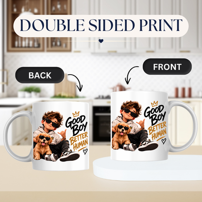 Dog Mug "Good Boy Better Human" 325ml Ceramic Coffee Tea Cup – Golden Retriever Puppy Graphic, Sunglasses & Slogan Novelty Gift for Dog Lovers, Teens, Birthday – Fast Dispatch by UK Seller (M3500)