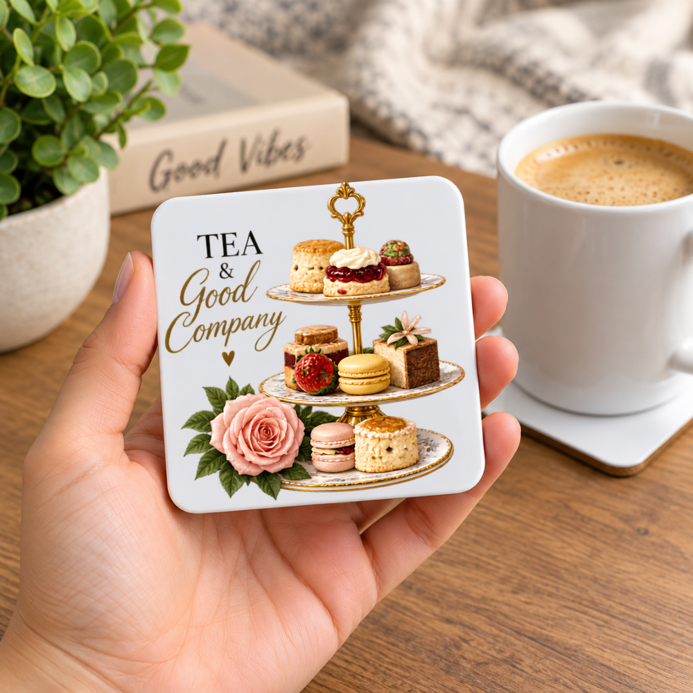Afternoon Tea Hardboard Coaster "Tea & Good Company" Graphic 9cm x 9cm Square Drinks Coaster “ Elegant 3-Tier Cake Stand with Scones, Macarons & Pink Rose Novelty Mat | Elegant Glossy Gift for Tea Lovers | Fast Dispatch by UK Seller (C3006)