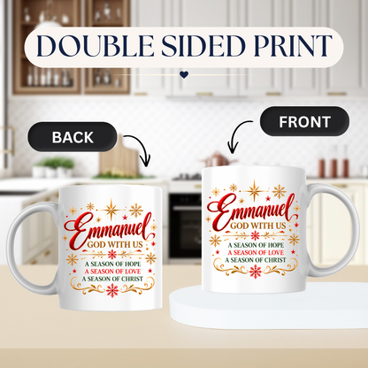 Christmas Mug "Emmanuel God With Us" Emmanuel God With Us 325ml Ceramic Coffee Mug – Christian Christmas Verse Mug with Gold Star, Snowflakes Scrollwork Festive Religious Gift | Available in Multicolours | Fast Dispatch by UK Seller (M3294)