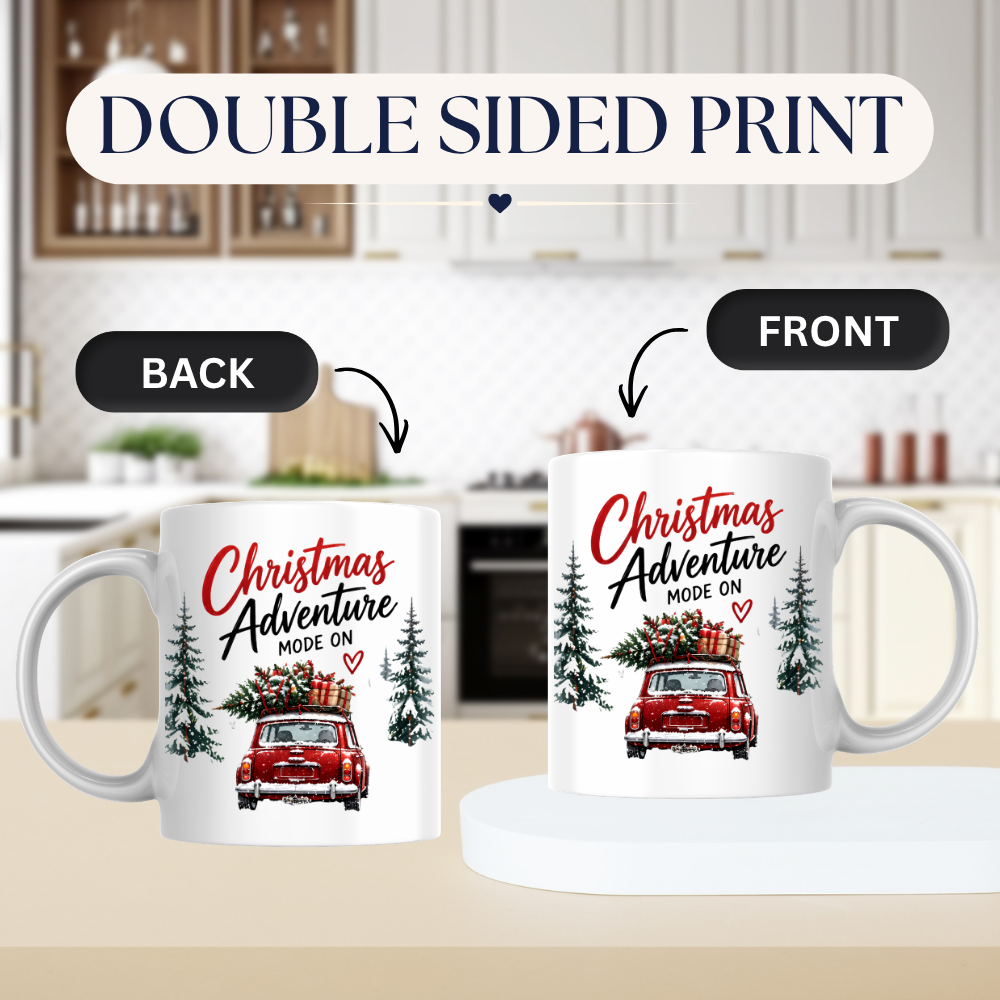 Festive Red Car Christmas Mug "Christmas Adventure Mode On" Christmas Adventure Mode On 325ml Ceramic Coffee Mug – Vintage Red Car with Christmas Tree & Gift Boxes with Snowy Pine Trees | Festive Holiday Gift | Fast Dispatch by UK Seller (M3398)