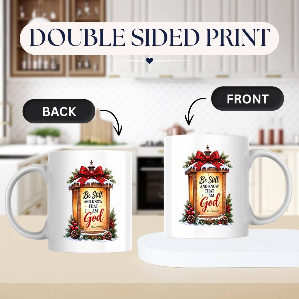Religious Christmas Mug "Be Still And Know That I Am God" Lantern Be Still And Know That I Am God 325ml Ceramic Coffee Mug – Christian Lantern Scripture Mug with Psalm 46:10, Bow & Pinecones | Religious Holiday Gift | Fast Dispatch by UK Seller (M3354)