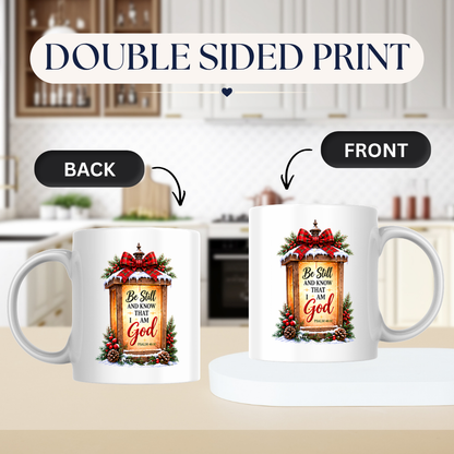 Religious Christmas Mug "Be Still And Know That I Am God" Lantern Be Still And Know That I Am God 325ml Ceramic Coffee Mug – Christian Lantern Scripture Mug with Psalm 46:10, Bow & Pinecones | Religious Holiday Gift | Fast Dispatch by UK Seller (M3354)
