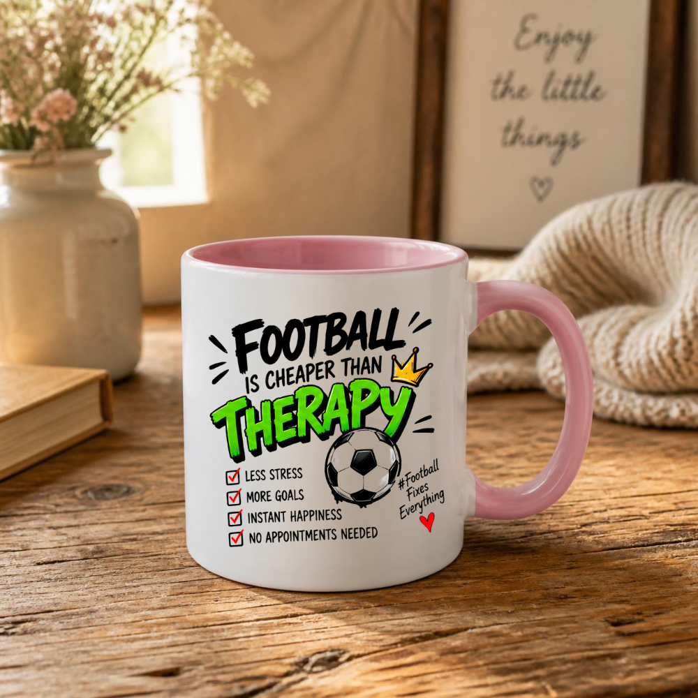 Football Mug "FOOTBALL IS CHEAPER THAN THERAPY" Crown Football 325ml Ceramic Coffee Mug Sporty Therapy Checklist Tea Cup with "#FootballFixesEverything" Graphic Gift | Available in Multicolours | Fast Dispatch by UK Seller (M3095)